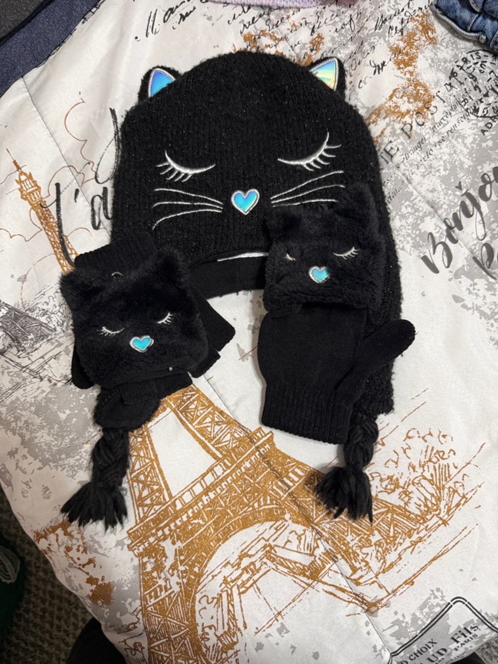 Place Kids Black Cat Beanie and Mittens Set with Blue Heart